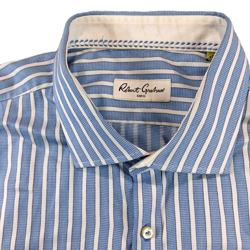 Robert Graham Mens Button Shirt 2XL 18.5 Blue White Striped Cotton Long Sleeve
